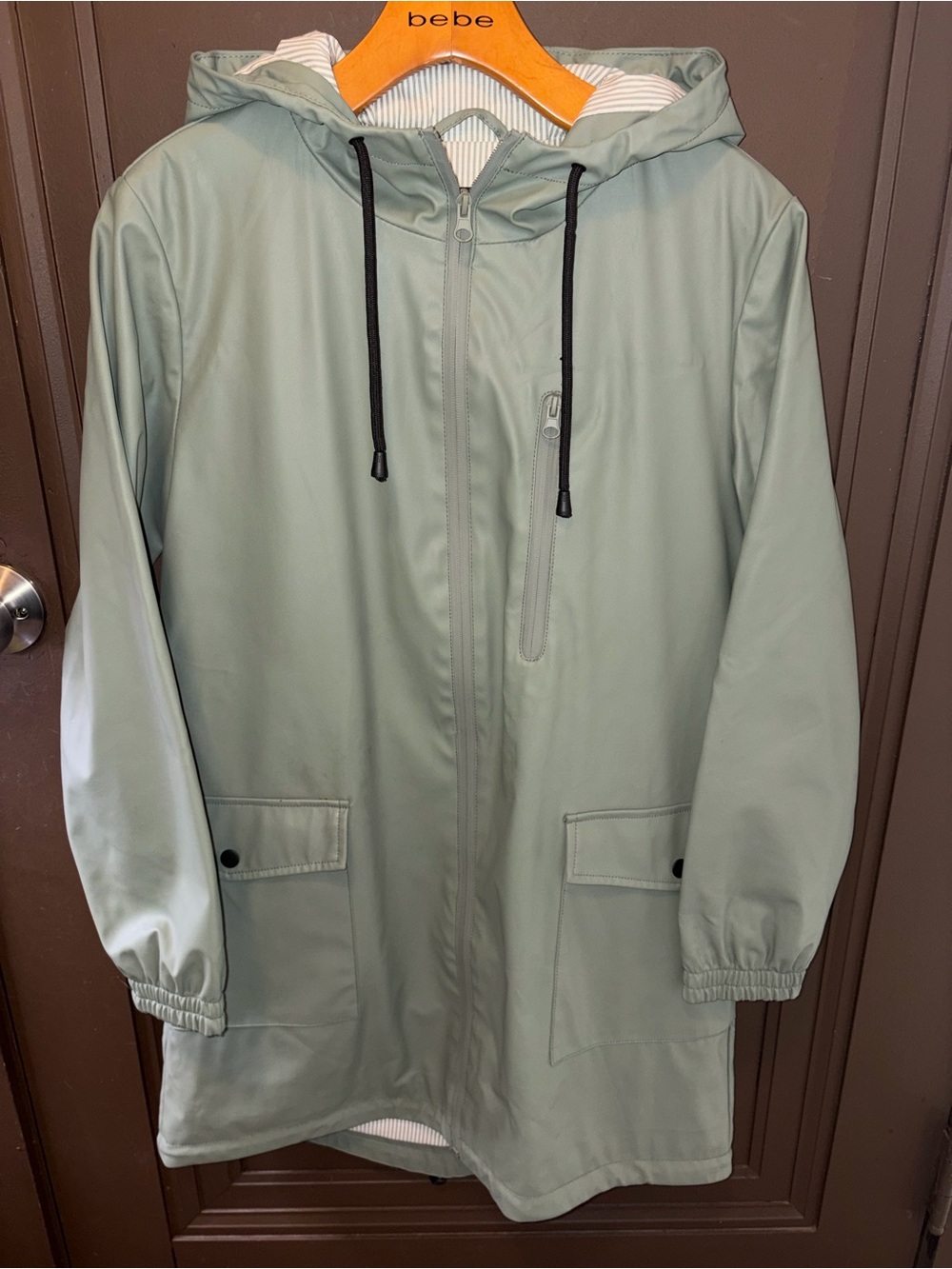 Zara Basic Women Rubberized Waterproof Hooded Raincoat in Sage Green size S